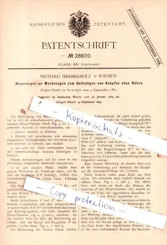 Original Patent  - Richard Herberholz in Barmen , 1884 , Kurzwaaren !!!