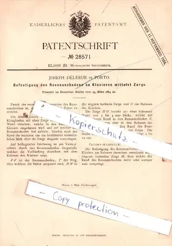 Original Patent  - Joseph Dèlerue in Porto , 1884 , Musikalische Instrumente !!!