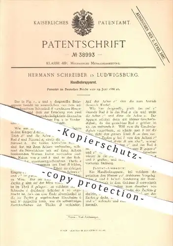 original Patent - Hermann Schreiber in Ludwigsburg , 1886 , Handbohrapparat , Bohrer , Bohren , Bohrmaschine , Metall !