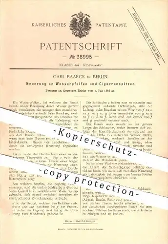 original Patent - Carl Baarck , Berlin , 1886 , Wasserpfeifen u. Zigarrenspitzen , Pfeife , Zigarren , Zigarre , Pfeifen