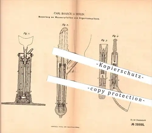 original Patent - Carl Baarck , Berlin , 1886 , Wasserpfeifen u. Zigarrenspitzen , Pfeife , Zigarren , Zigarre , Pfeifen