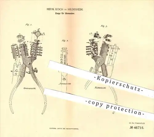 original Patent - Herm. Koch in Hildesheim  , 1888 , Zange für Uhrmacher , Uhr , Uhren , Werkzeug , Uhrwerk , Zangen !!!