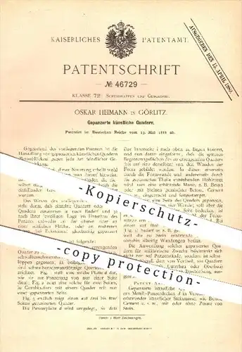original Patent - Oskar Heimann in Görlitz , 1888 , Gepanzerte künstliche Quadern , Schusswaffen , Waffen , Geschosse !!