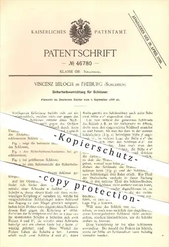 original Patent - V. Beloch , Freiburg , Schlesien , 1888 , Sicherheitsvorrichtung für Schlösser , Schloss , Türschloss