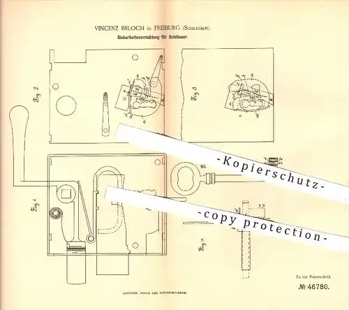 original Patent - V. Beloch , Freiburg , Schlesien , 1888 , Sicherheitsvorrichtung für Schlösser , Schloss , Türschloss