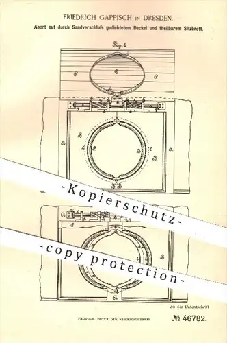 original Patent - Fr. Gappisch , Dresden , 1888 , Abort mit gedichtetem Deckel u. teilbaren Sitzbrett , WC , Toilette !!