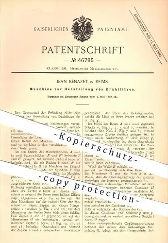 original Patent - Jean Bénazet , Reims , 1888 , Herstellung von Drahtlitzen , Draht , Litze , Metall , Metallbearbeitung