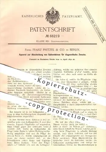 original Patent - Franz Pretzel & Co. , Berlin , 1892 , Abscheidung von Gallensteinen für diagnostische Zwecke , Medizin