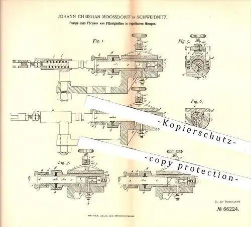 original Patent - J. Ch. Moossdorff , Schweidnitz , 1892 , Pumpe zum Fördern von Flüssigkeiten , Pumpen , Kraftmaschine