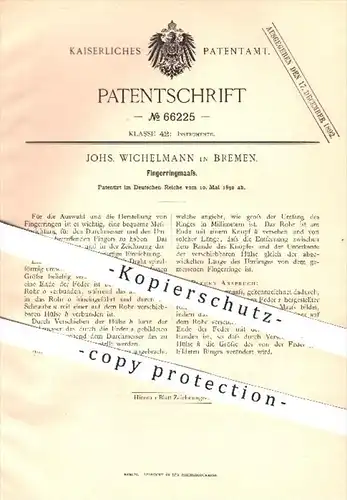 original Patent - Johs. Wichelmann in Bremen , 1892 , Fingerringmaß , Fingerring , Ring , Ringe , Goldschmied , Schmuck
