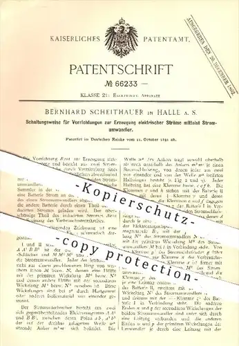 original Patent - B. Scheithauer , Halle / Saale , 1891 , Erzeugung elektrischer Ströme mittelst Stromumwandler , Strom