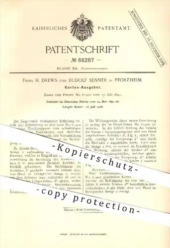 original Patent - H. Drews u. Rudolf Senner / Pforzheim , 1892 , Karten - Ausgeber , Karte , Visitenkarten , Papier !!!