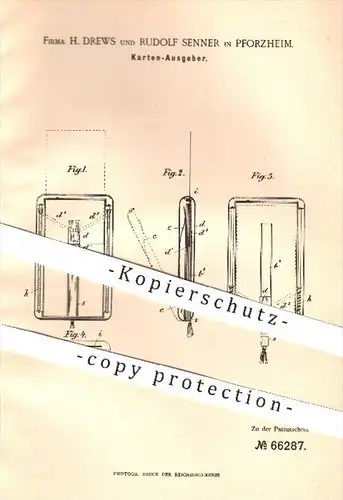 original Patent - H. Drews u. Rudolf Senner / Pforzheim , 1892 , Karten - Ausgeber , Karte , Visitenkarten , Papier !!!