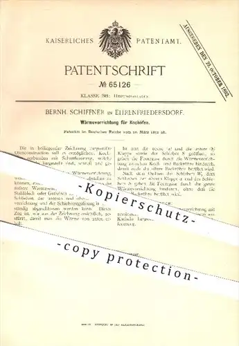 original Patent - Bernh. Schiffner in Ehrenfriedersdorf , 1892 , Wärmevorrichtung für Kochöfen , Kochofen , Ofen , Öfen