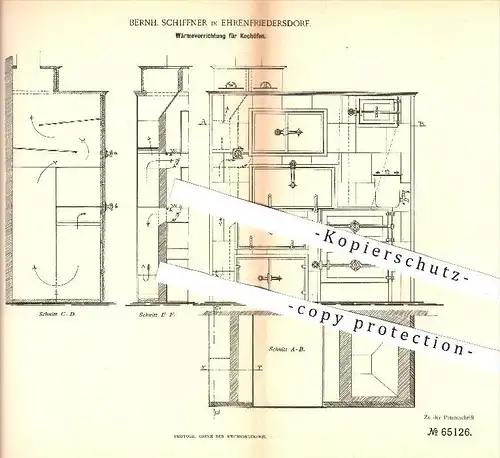 original Patent - Bernh. Schiffner in Ehrenfriedersdorf , 1892 , Wärmevorrichtung für Kochöfen , Kochofen , Ofen , Öfen