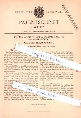 Original Patent  -  W. A. Thomè in Burbacherhütte bei Saarbrücken , 1887 , Hufeisen !!!