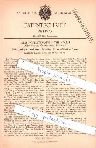 Original Patent  - Miles Postlethwaite in The Holins , Whitehaven, Cumberland, England , 1887 , !!!