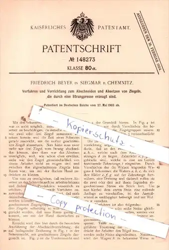 Original Patent  - Friedrich Beyer in Siegmar b. Chemnitz , 1903 , Abschneiden  von Ziegeln !!!