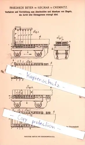Original Patent  - Friedrich Beyer in Siegmar b. Chemnitz , 1903 , Abschneiden  von Ziegeln !!!