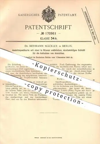 original Patent - Dr. Hermann Mäckler , Berlin , 1904 , Ansichtspostkarte , Postkarte , Ansichtskarte , Post , Papier !