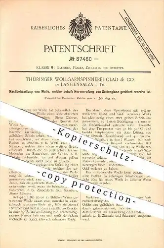 original Patent - Thüringer Wollgarnspinnerei Clad & Co. , Langensalza 1895 , Nachbehandlung von Wolle , Chlor , Chloren