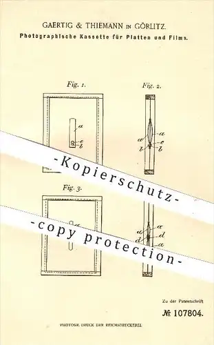 original Patent - Gaertig & Thiemann , Görlitz , 1899 , Photograph. Kassette für Platten & Filme , Fotograf , Fotografie