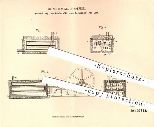 original Patent - Heinr. Mackes in Krefeld , 1898 , Kühlen , Wärmen u. Entkeimen von Luft , Eis , Eisbereitung , Wasser