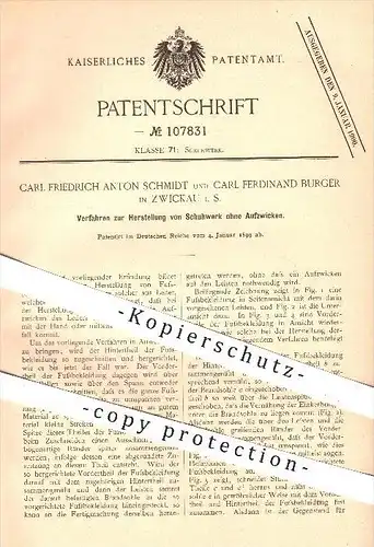 original Patent - C. F. A. Schmidt , C. F. Burger , Zwickau , 1899 , Herstellung von Schuhwerk , Schuster , Schuhe !!!
