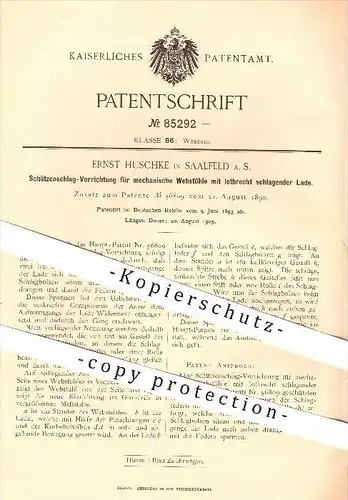 original Patent - E. Huschke , Saalfeld , 1895 , Schützenschlag - Vorrichtung für mechanische Webstühle , Weber , Weben