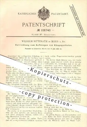 original Patent - W. Ritterath , Bonn  1898 , Aufhängen von Hängegerüsten , Gerüst , Baugerüst , Gerüstbau , Gerüstbauer