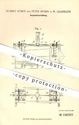 original Patent - H. Röben , P. Spohr , Mönchengladbach , 1899 , Sarg - Senkvorrichtung , Särge , Bestattung , Bestatter