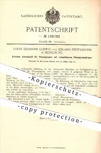 original Patent - L. H. Ludwig , E. Pfefferkorn , Merseburg , 1899 , Stift für Phonograph mit Phonogrammträger !!!