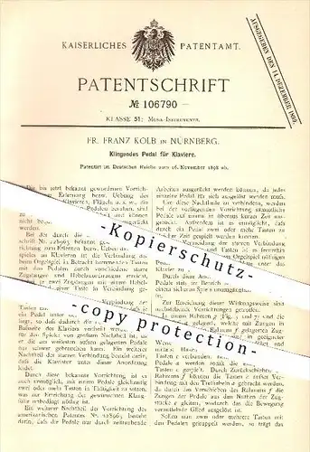 original Patent - Fr. Franz Kolb in Nürnberg , 1898 , Klingendes Pedal für Klaviere , Klavier , Piano , Musikinstrumente