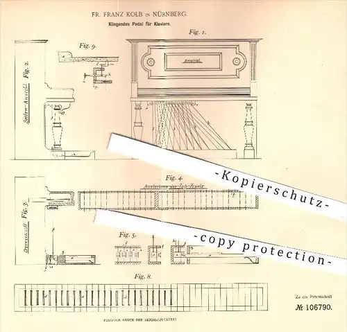 original Patent - Fr. Franz Kolb in Nürnberg , 1898 , Klingendes Pedal für Klaviere , Klavier , Piano , Musikinstrumente