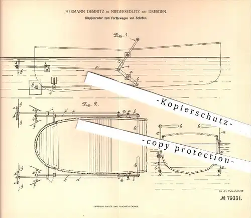 original Patent - H. Demnitz , Niedersedlitz / Dresden , 1894 , Klappenruder für Schiffe , Ruder , Schiff , Boote !!!