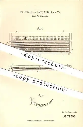 original Patent - Fr. Graul in Langensalza , 1894 , Rost für Krempeln , Krempel , Spinnen , Spinnerei , Baumwolle !!!