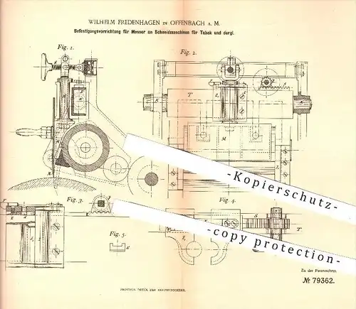 original Patent - W. Fredenhagen , Offenbach / Main , 1893 , Messer an Schneidmaschinen für Tabak , Zigarren , Rauchen