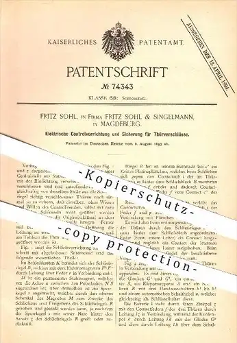 original Patent - Fritz Sohl & Singelmann , Magdeburg , 1893 , Elektrische Kontrolle u. Sicherung für Tür - Verschlüsse