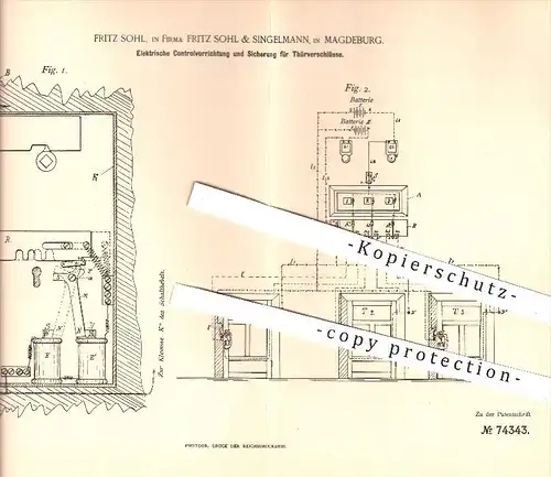original Patent - Fritz Sohl & Singelmann , Magdeburg , 1893 , Elektrische Kontrolle u. Sicherung für Tür - Verschlüsse
