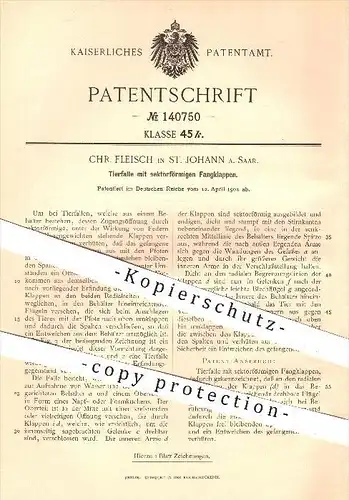 original Patent - Ch. Fleisch , St. Johann / Saar , 1902 , Tierfalle mit sektorfrömigen Fangklappen , Falle , Tierfallen