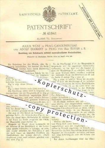 original Patent - J. Wüst , Prag - Carolinenthal / A. Diamant , Bad Elster , 1887 , Besohlung von Schuhwerk , Schuhe !!