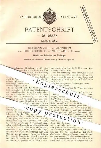 original Patent - H. Zutt , Mannheim / F. Correll , Neustadt / Haardt , 1900 , Winde zum Beiholen von Fördergut , Winden