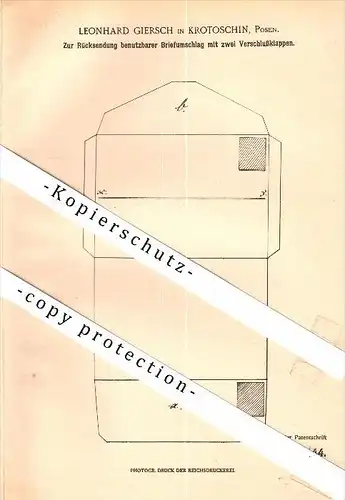 Original Patent - Leonhard Giersch in Krotoschin / Krotoszyn , 1902 , Briefumschlag für Rücksendung , Post , Posen !!!