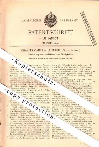Original Patent - Charles Caille à Le Perreux , Seine , 1902 , Dispositif pour la stérilisation des liquides !!!