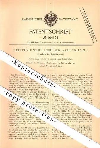 Original Patent - Clettwitzer Werke , J. Treuherz in Klettwitz / Schipkau , 1897 , Preßform für Brikettpressen , Kohle !