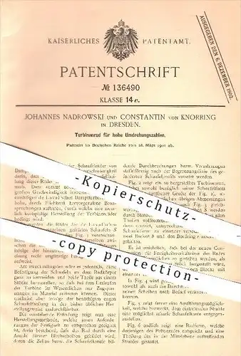 original Patent - J. Nadrowski , Constantin von Knorring / Dresden , 1901 , Turbinenrad für hohe Umdrehung , Turbinen !!