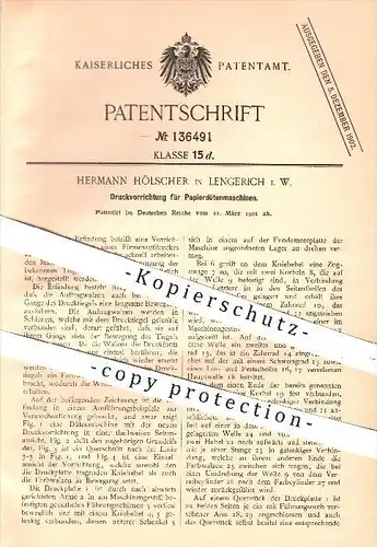 original Patent - H. Hölscher , Lengerich , 1901 , Druckvorrichtung für Papiertüten - Maschinen , Druck , Papierfabrik