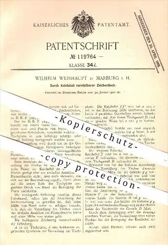 original Patent - W. Weishaupt , Marburg , 1900 , durch Kniehebel verstellbarer Zeichentisch , Tisch , Möbel , Tischler