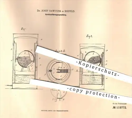 original Patent - Dr. Josef Rawitzer , Krefeld , 1899 , Zuführung von Karbid , Acetylenentwickler , Acetylen , Carbid