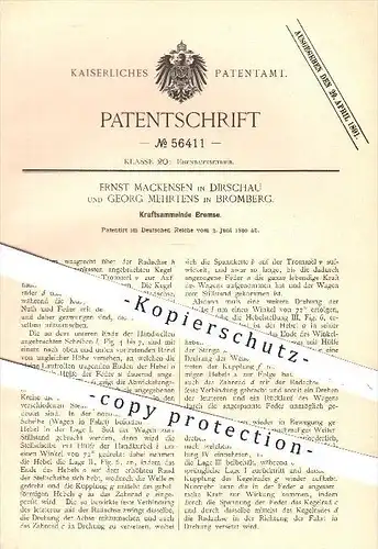 original Patent - E. Mackensen , Dirschau / G. Mehrtens , Bromberg , 1890 , Kraftsammelnde Bremse , Bremsen , Eisenbahn